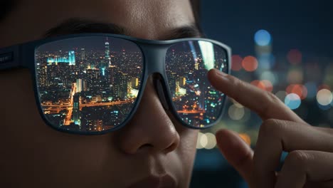 a night cityscape reflected in sunglasses: capturing the vibrant urban lights and depth of a city after dark in a stunning close-up