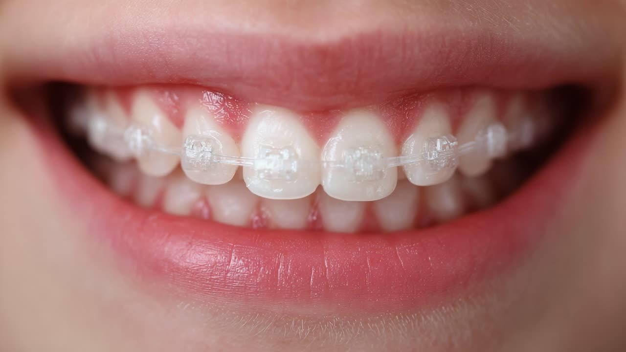 A Smiling Youth Showcasing Clear Braces and Healthy Teeth: A Close-Up of Oral Care and Aesthetic Dentistry