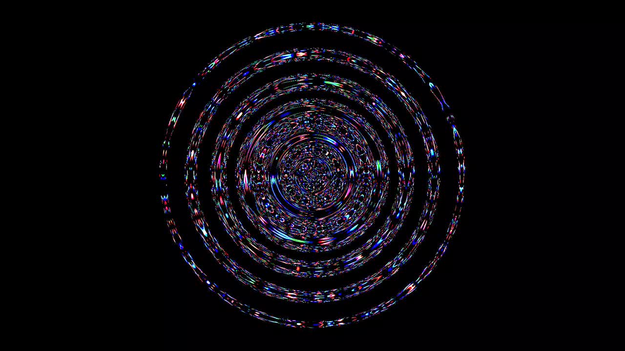 forma redonda animada de luces intermitentes multicolores, sobre un fondo negro