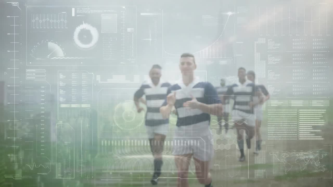 스포츠 경기장 위의 데이터 처리 및 럭비 선수의 애니메이션