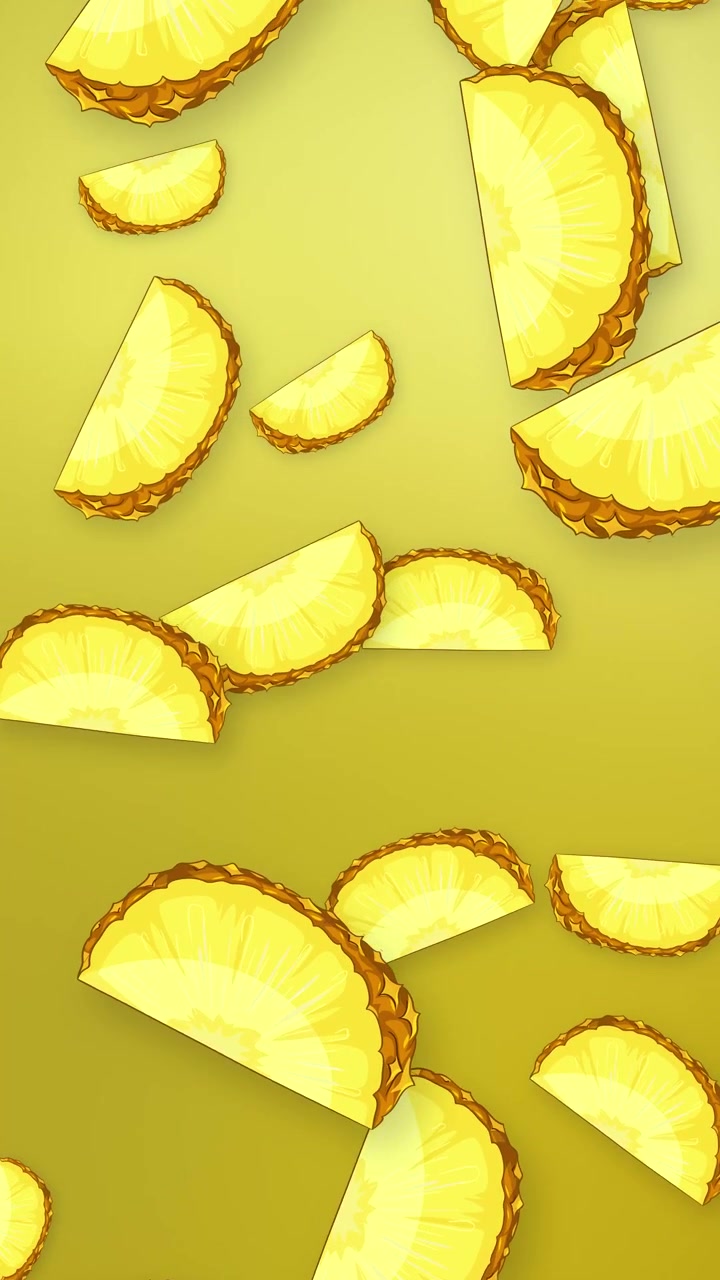 Stylized pineapple slices fall continuously against a vibrant yellow mesh gradient background in vertical orientation.