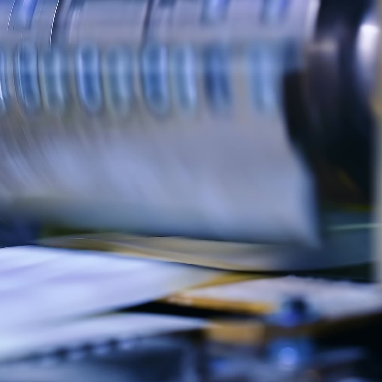 Massy metal shaft rotating over the conveyor line. Innovative technological equipment for diaper enterprise. Close up