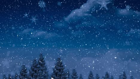 Animation-of-snow-falling-over-glowing-stars-on-blue-sky