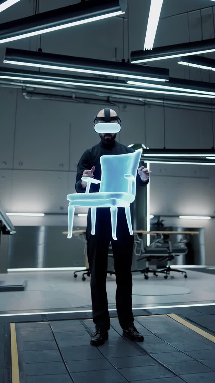 Man in VR headset interacting with a glowing holographic chair in a futuristic workspace