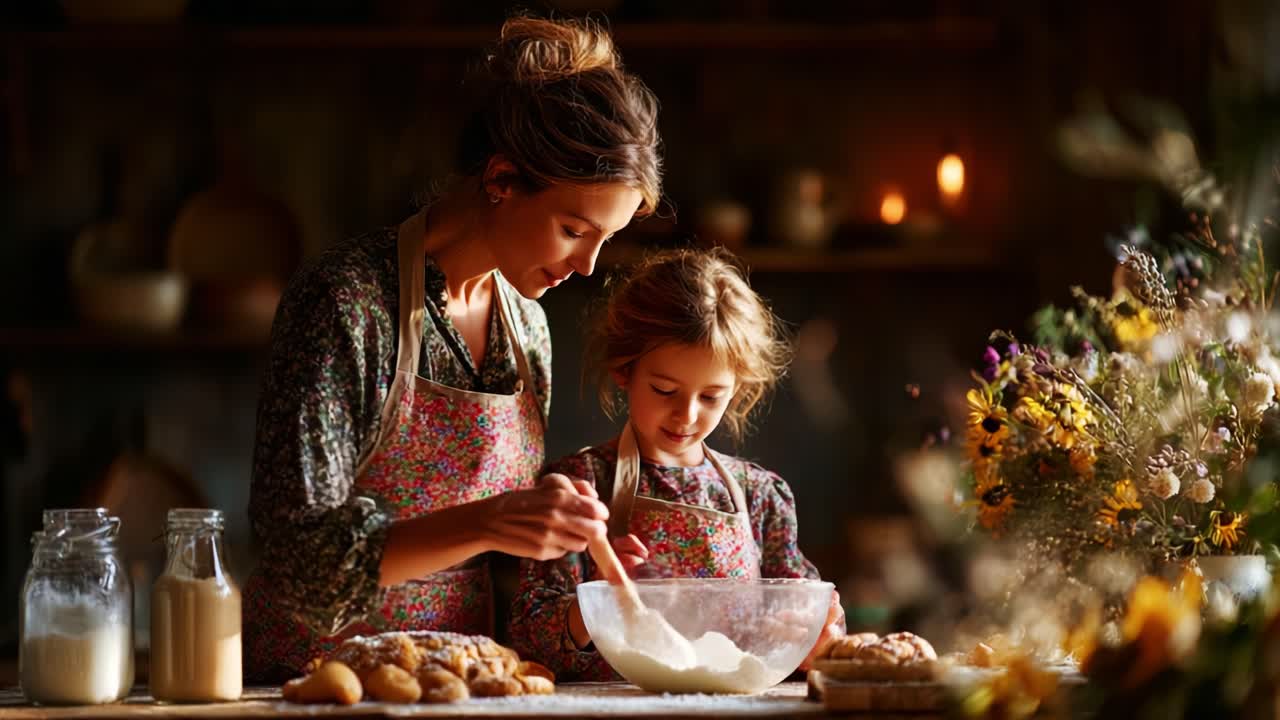 A Heartwarming Moment in the Kitchen: A Mother and Daughter Bond Over Baking Pastries Together, Creating Sweet Memories and Delicious Treats in a Cozy Atmosphere Filled with Love