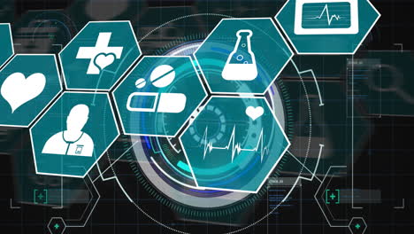 animation of medical icons over scope scanning and data processing on black background