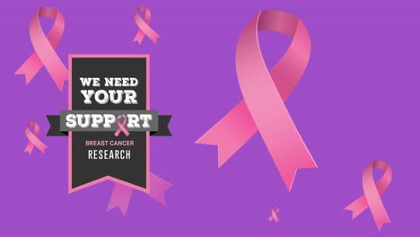 Animation-of-we-need-your-support-and-breast-cancer-research-text-with-pink-awareness-ribbons