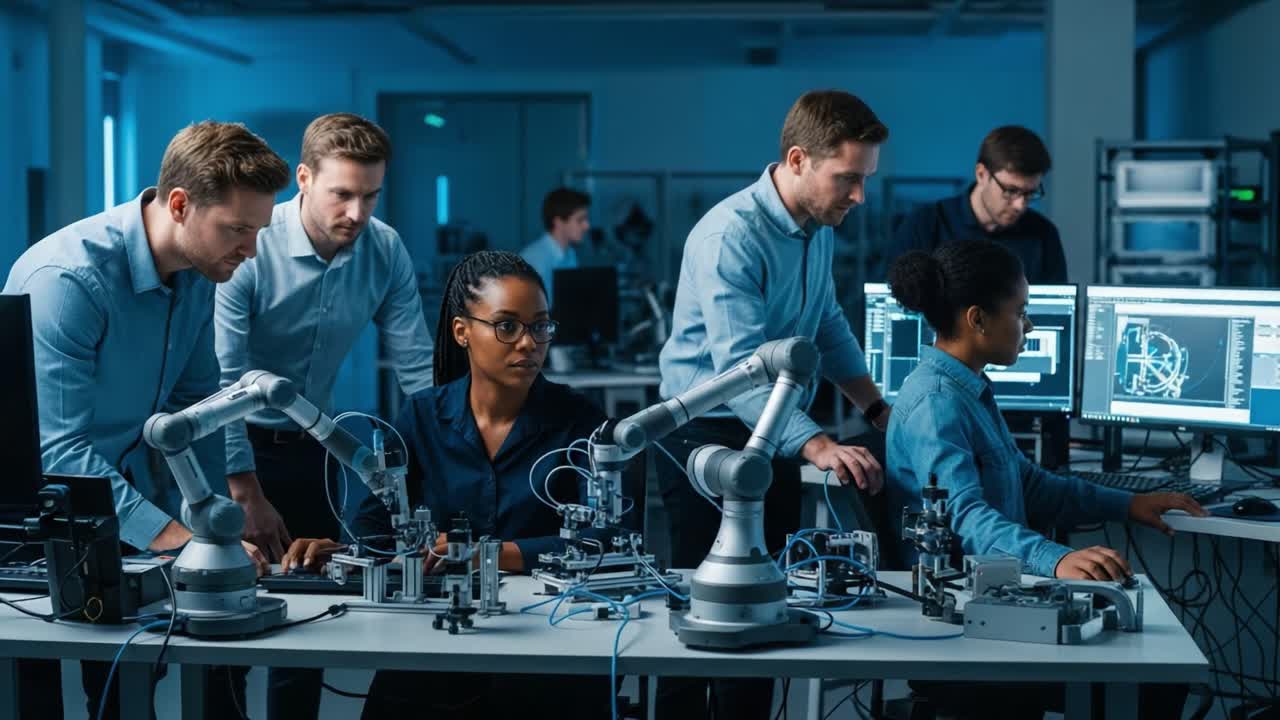 Engineers working on robotics in a high-tech lab