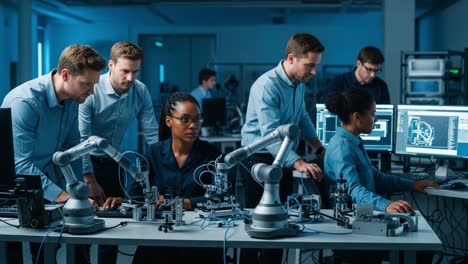 engineers working on robotics in a high-tech lab