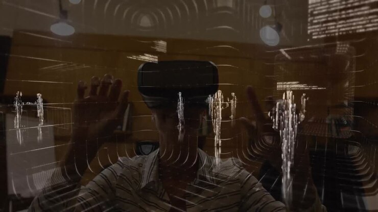 Animation of financial data processing over businessman using vr headset