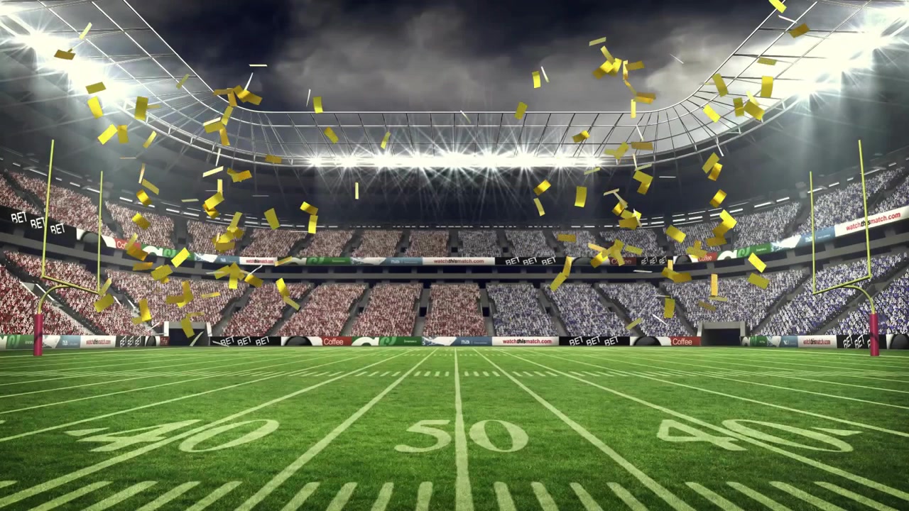 Floodlight cue initiating field confetti bursting at midfield, marking win, golden pieces drifting