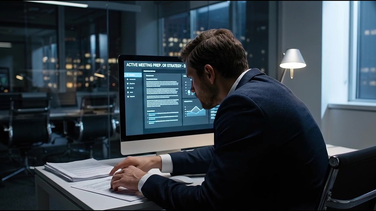 Forretningsmann jobber sent med dataanalyse på et moderne kontor