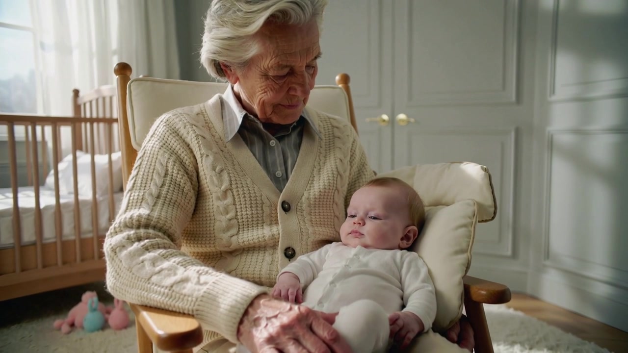 Bedstefar i sweater bemærker, at babyen rører på sig, og beroliger spædbarnet i gyngestolen i børneværelset, mens han justerer sine hænder