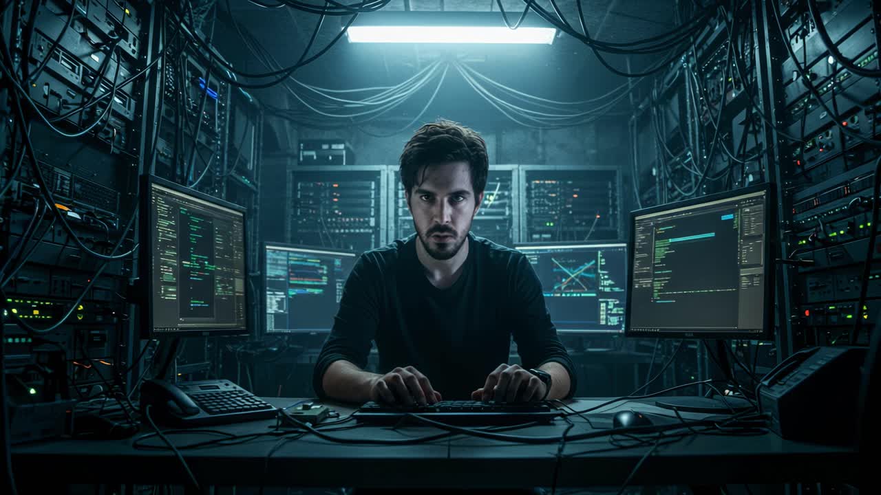 Expert hacker works diligently in a dimly lit server room filled with high-tech equipment and multiple computer screens