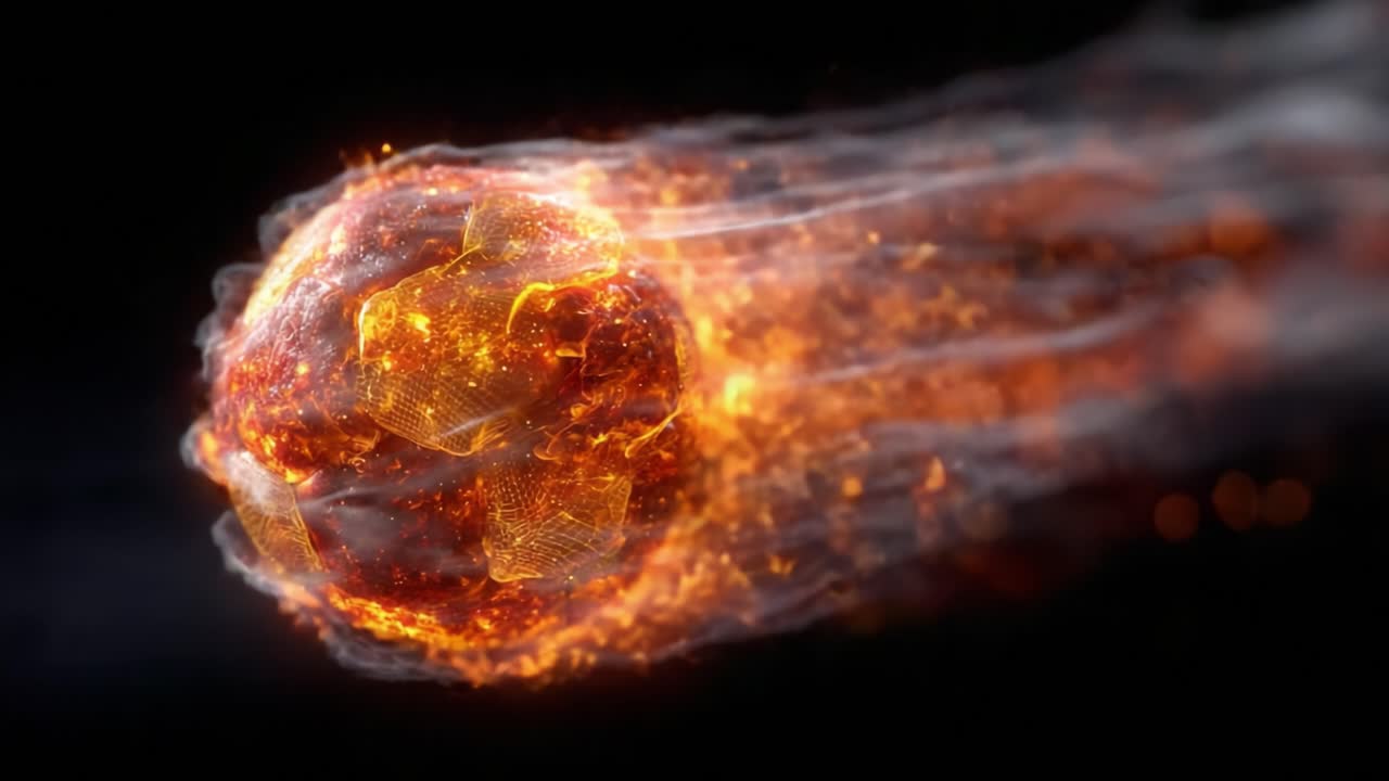 Explosive Motion of a Fiery Soccer Ball Hurtling Through the Air, Showcasing Dynamic Trails of Bright Flames and Smoke in Stunning Detail