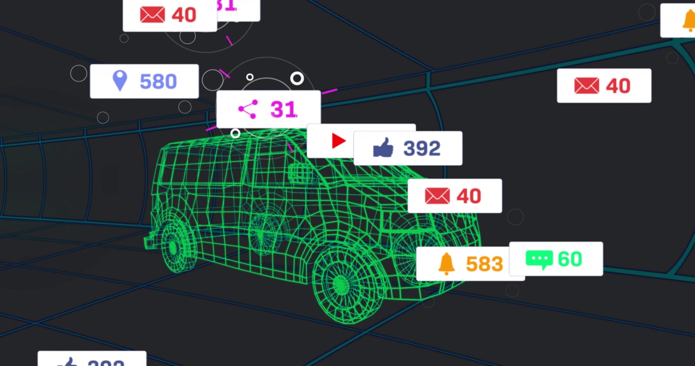 After van standing alone in wireframe tunnel, badges fading in and swirling to highlight engagement