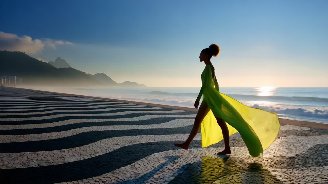 A graceful silhouette of a woman in a flowing green dress moving along a patterned coastal promenade, with serene waves and mountains in the background at dusk