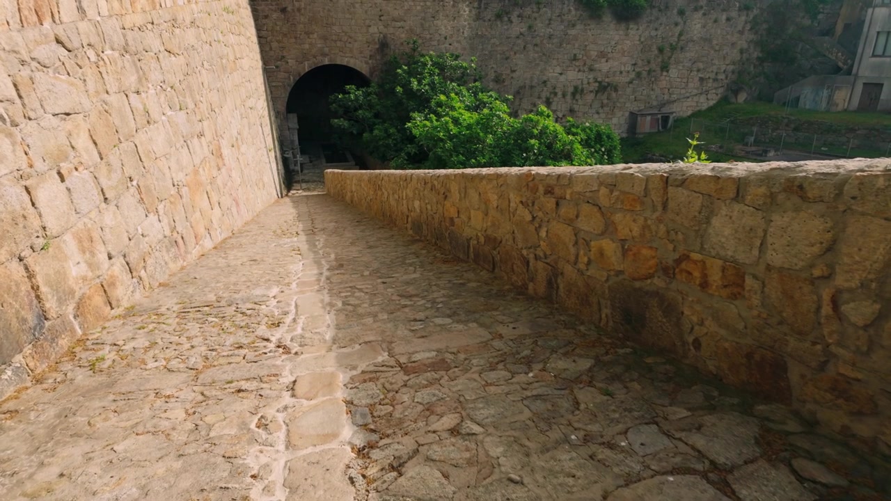 Ancient stone pathway leading towards a dark arched tunnel, flanked by imposing high stone walls. Green foliage emerges near the tunnel entrance, adding organic texture to the historic structure.