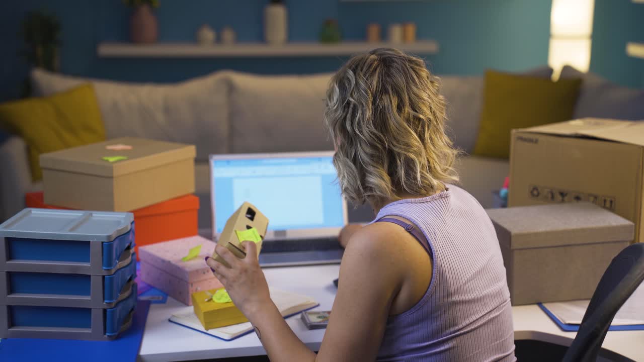 mujer vendiendo productos en una tienda en línea. contando dinero.