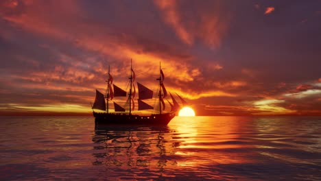 large medieval ship on the sea on a sunset. the old medieval ship gracefully sails in the open sea