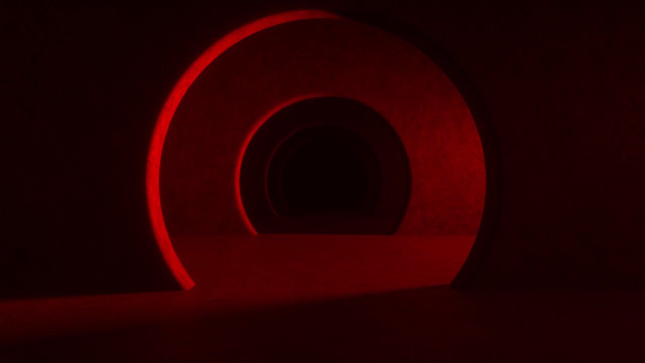 абстрактный туннельный коридор с ярко-красными неоновыми огнями, освещающими черный фон. свет мерцает и движется вперед. беспрепятственная петля 3d-анимация 4k