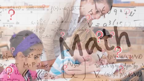 math text banner and mathematical equations against female teacher teaching students