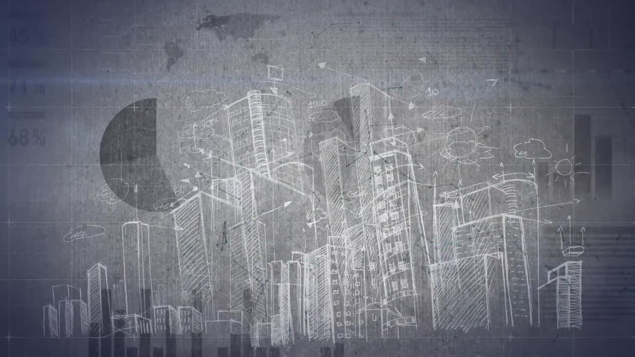 Animation of statistics with data processing over cityscape