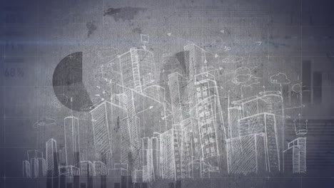 animación de estadísticas con procesamiento de datos sobre el paisaje urbano