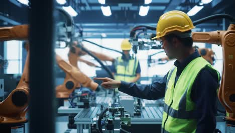 a worker oversees advanced robotics operations in a high-tech manufacturing facility, ensuring precision and efficiency in automated production lines