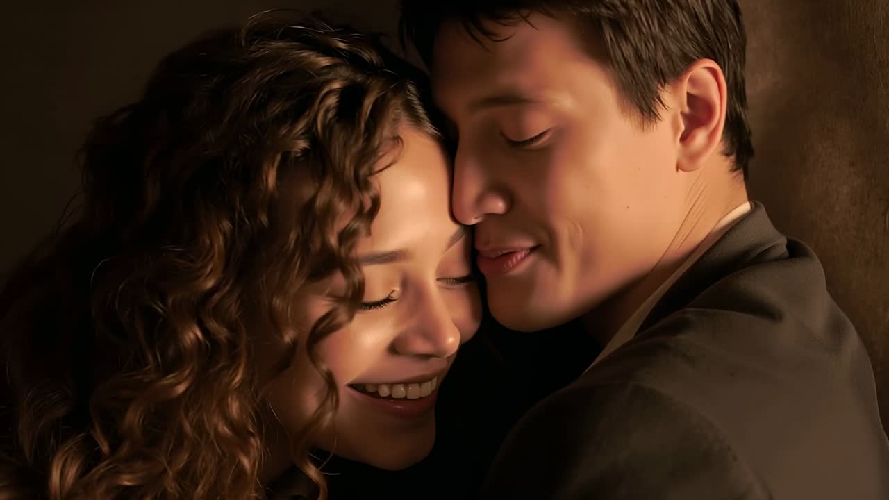 Leaning man wearing dark blazer nuzzling woman wearing light top against dark wall, for comfort