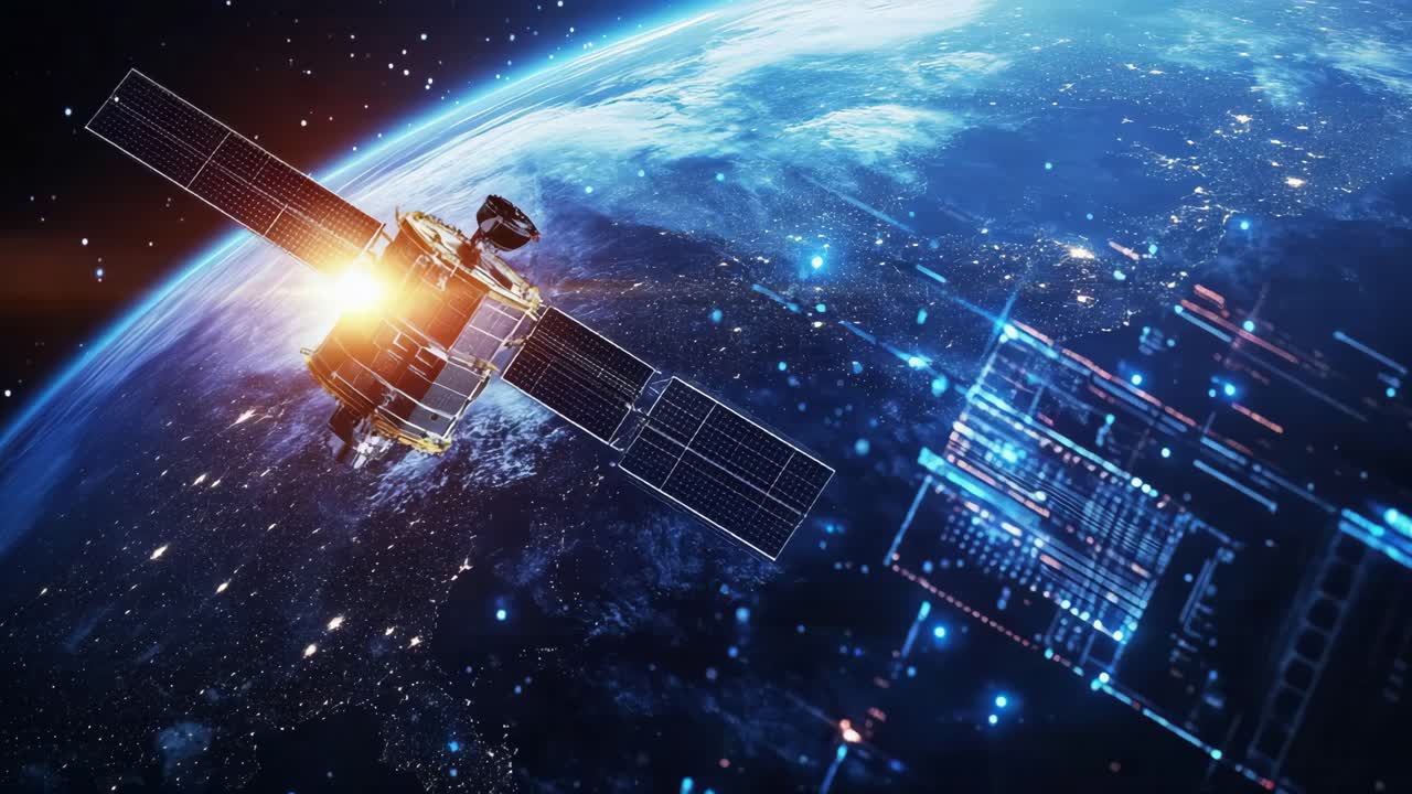 Satellite orbiting Earth with digital network overlay