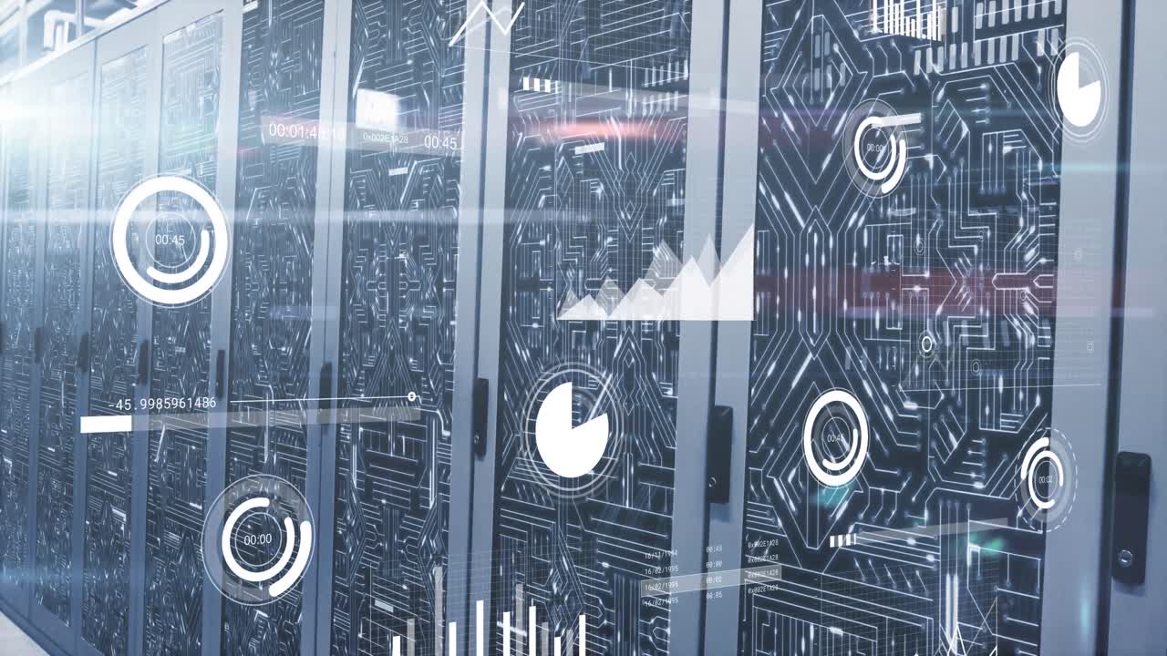 Animation of data processing, light spot and microprocessor connections against computer server room