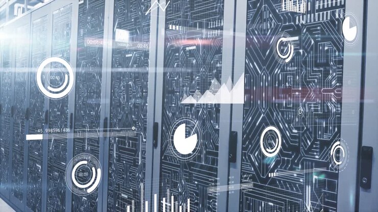 Animation of data processing, light spot and microprocessor connections against computer server room
