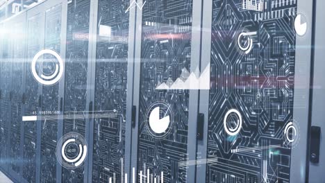 Animation-of-data-processing,-light-spot-and-microprocessor-connections-against-computer-server-room