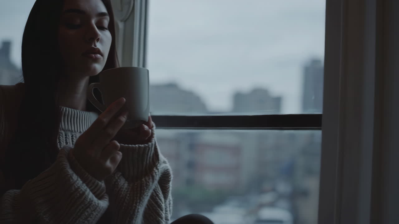 Donna che beve bevande calde vicino alla finestra
