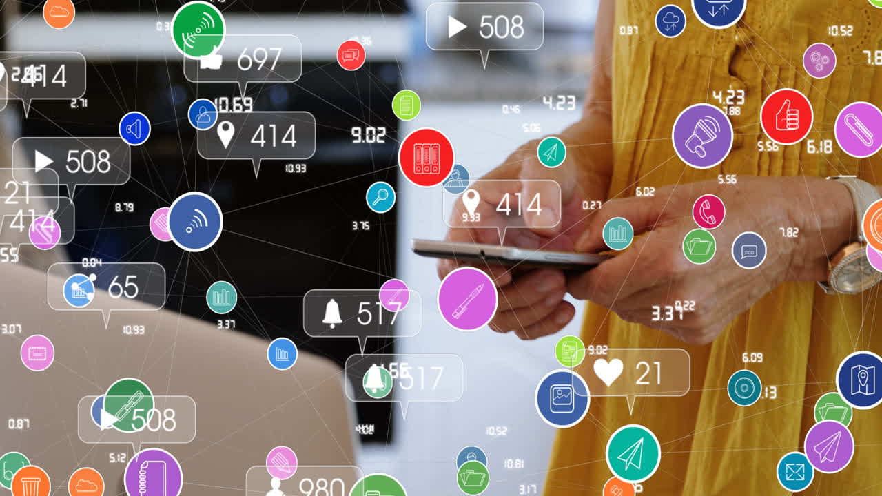 Network of digital icons against mid section of woman using smartphone