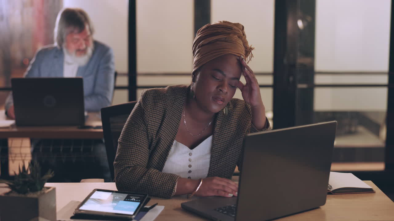 Business, stress and black woman in office