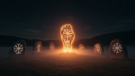 a mystical gathering: illuminated sigils surrounding an enigmatic central figure in a nighttime landscape with stars and fog
