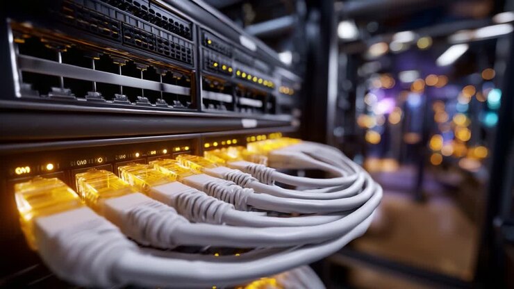 Uno sguardo dettagliato ai cavi di rete collegati a un server rack in un data center moderno, che mostra l'importanza della connettività nell'infrastruttura digitale