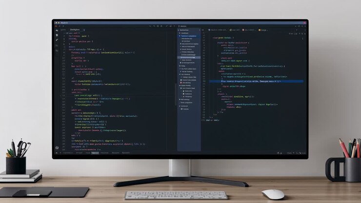 Displaying widescreen monitor with split code in home office, offscreen user editing with keyboard