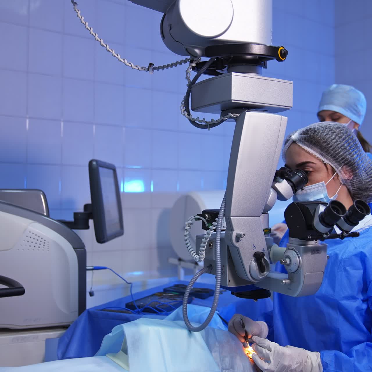 Female ophthalmologist surgeon conducts operation. Doctor sits over the patient looking into device binoculars attentively and using tools in operated eye