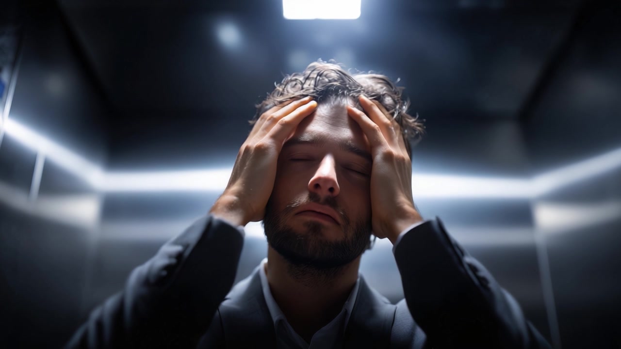 A Man Experiences Emotional Turmoil While Trapped in an Elevator, Capturing the Raw Feelings of Anxiety and Uncertainty in Two Powerful Frames.