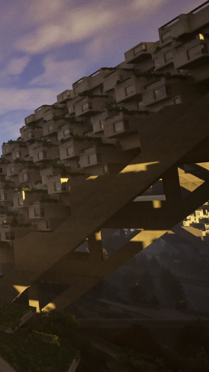 Unique architecture structure in urban area during sunset near the mountains