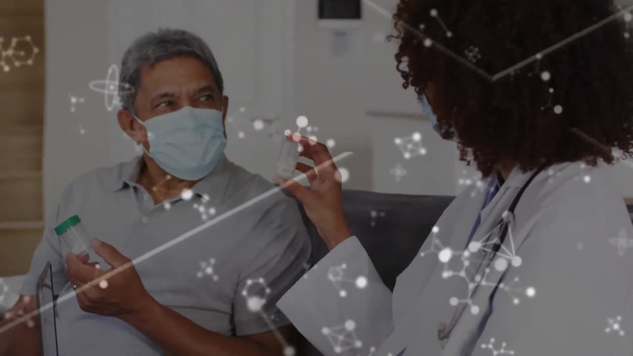 Animation of molecules over diverse doctor and patient talking and holding medicines