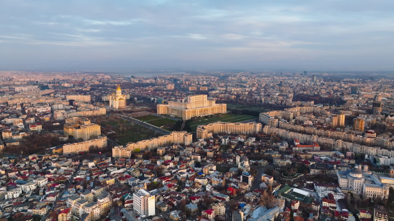 Aerial drone view of Palace of the Parliament in Bucharest downtown at sunset. Romania