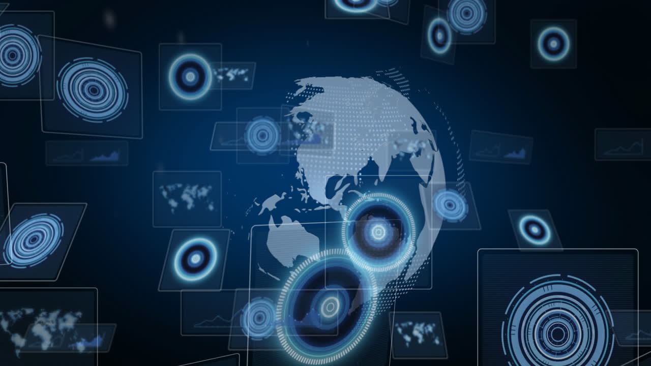 Composition of data processing and scopes scanning on screens over globe