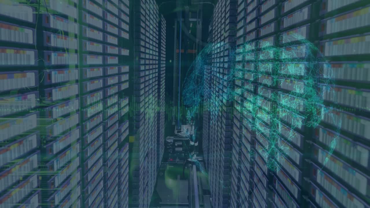 Animation of data processing over spinning globe against computer server room