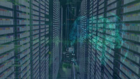 animación del procesamiento de datos sobre un globo giratorio contra la sala de servidores de computadoras.