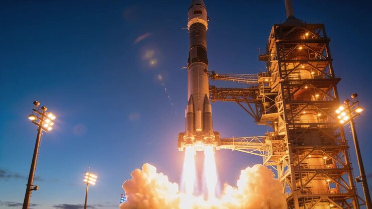 Igniting engines, orbital rocket lifting off mobile pad for orbit at twilight with plume and tower