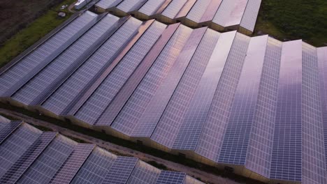 Bird's-eye-view-of-Photovoltaic-Solar-Power-station-on-top-of-greenhouse,-aerial